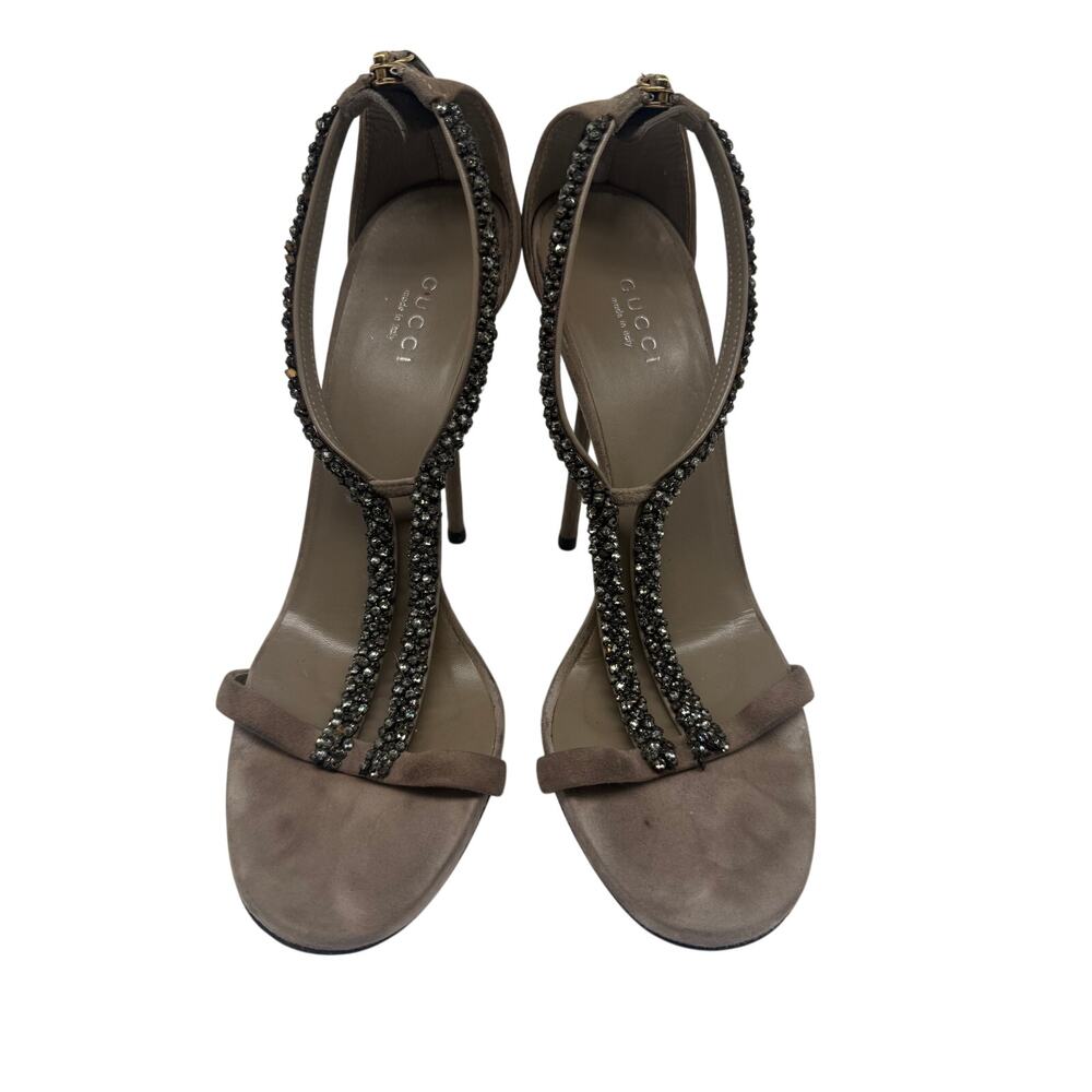 Gucci Suede Crystal Embellishments Naomi T-Strap Sandals Gray Women's Size 38.5